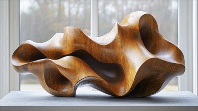 An abstract wooden sculpture with smooth curves displayed indoors with natural light, AI generated