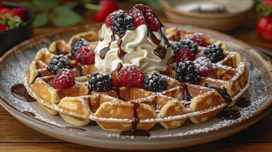 Waffles with whipped cream, blackberries, raspberries, and chocolate, AI Generated, AI generated