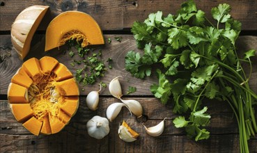 A top-down view of a wooden table with fresh cilantro, pumpkin wedges, garlic cloves AI generated