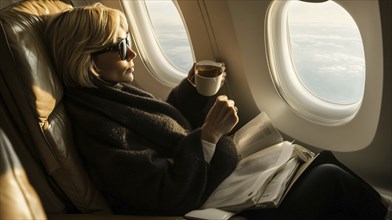 A woman sipping coffee and reading in a luxurious airplane seat, illustrating an elegant and