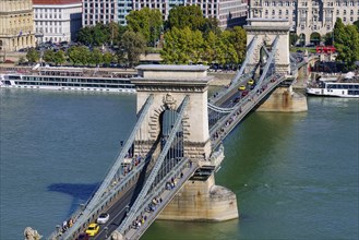 Aerial view of Széchenyi Chain Bridge across the River Danube connecting Buda and Pest, Budapest,