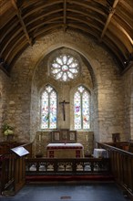 Stained glass window, altar, chapel, St Michaels Mount, Marazion, England, UK