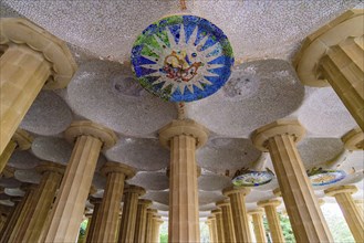 Hypostyle Room in Park Guell in Barcelona, Spain, Europe