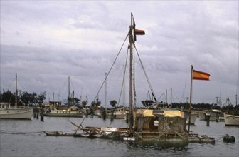 MOOLOOLABA, QUEENSLAND, NOVEMBER 1970: Spaniard Vital Alsar's raft La Balsa at rest after sailing