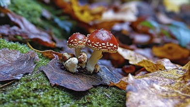 Two red mushrooms growing on a moss-covered forest floor among autumn leaves, AI generated