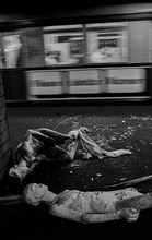 GDR, Berlin, 17 June 1990, Oranienburger Straße S-Bahn station, figures erected by the Weißensee