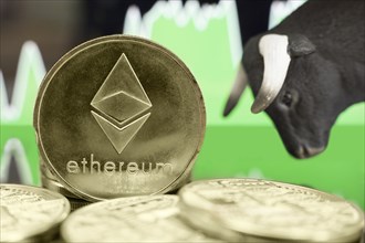 Bull market in Ethereum crypto currency. Bullish price trend and rise in price