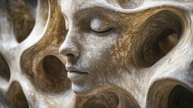 Intricate stone sculpture of a face with closed eyes, featuring a detailed and weathered texture,