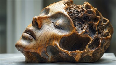 Abstract wooden sculpture of a face with closed eyes, featuring an intricate design and detailed