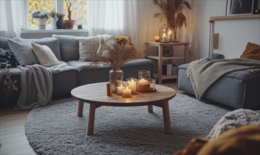 Scandinavian living room with a grey rug, wooden coffee table, autumn-colored cushions, and candles