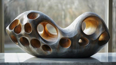 Wooden sculpture with smooth, curved surfaces and perforations, lit by natural light near a window,