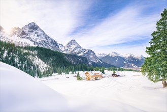 Rustic scenery with wooden houses surrounded by the snowy Alps mountains, the green fir forests and