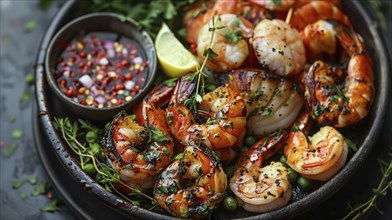 A vibrant seafood platter featuring grilled shrimp generously seasoned with herbs and spices, lime