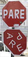 Very unusual shape of stop sign on Madeira Island