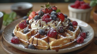 Waffles with whipped cream, an assortment of berries, and chocolate drizzle, AI Generated, AI