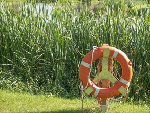 Green natural environment with orange lifebuoy in front of a small pond, papenburg, emsland,