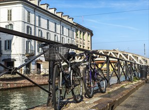 Bicycles on Navigli canal in Milan, Italy, Europe