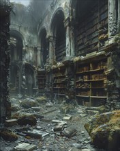 An abandoned and ruined library with moss-covered bookshelves and decaying arches evoking a