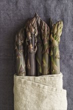 Fresh purple asparagus in a linen cloth on dark linen in a dark lighting mood