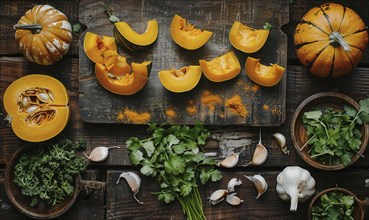 A top-down view of a wooden table with fresh cilantro, pumpkin wedges, garlic cloves AI generated