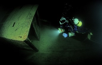 Diver at the Jura, wreck diving, Germany, Lake Constance, Baden Würtemberg, Europe