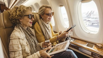 Two cheerful women seated by the window in an airplane, enjoying drinks and conversation while