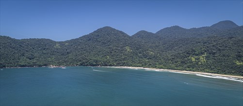 Panoramic aerial view to wonderful Green Coast shoreline and mountains covered with Atlantic