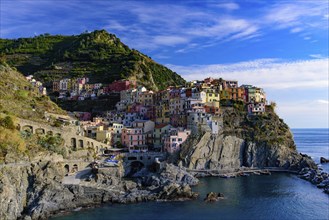 Manarola, one of the five Mediterranean villages in Cinque Terre, Italy, famous for its colorful