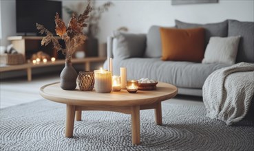 Scandinavian living room with a grey rug, wooden coffee table, autumn-colored cushions, and candles