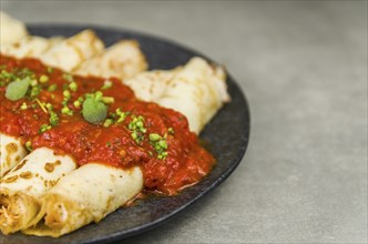 Brazilian pancakes with chicken, tomato bolognese sauce, rolled pancakes