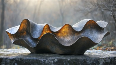 Rustic metal sculpture with a wavy design, displayed outdoors and highlighted by natural light, AI