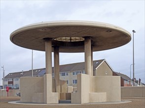 Cleveleys, Blackpool, Lancashire, United Kingdom, 7 March 2020: modern round concrete shelter on