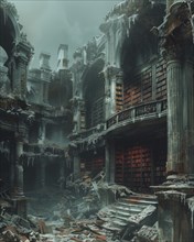 An abandoned library with icy, ruined architecture, dilapidated staircases and a cold, dark,