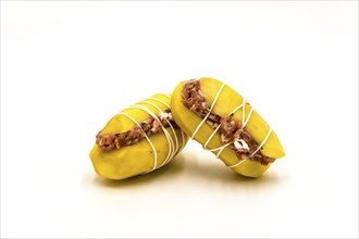 Potato stuffed with minced parsley on a white background