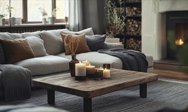 Scandinavian living room with a grey rug, wooden coffee table, autumn-colored cushions, and candles