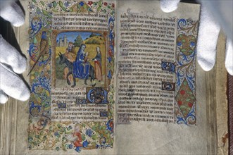 Illustration in 15th Century French Book of Hours, showing Joseph and Mary fleeing to Egypt. Used