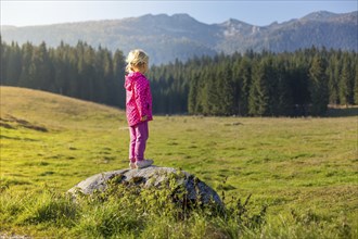 Adorable and happy little girl hiking in nature on beautiful autumn day looking at beautiful view