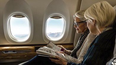 Two mature women enjoying reading while seated by the window in an airplane, showcasing a relaxing