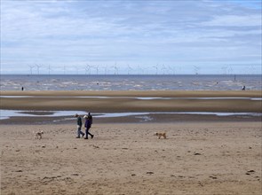 Southport, Merseyside, United Kingdom, 10 september 2020: People walking on the beach with dogs at