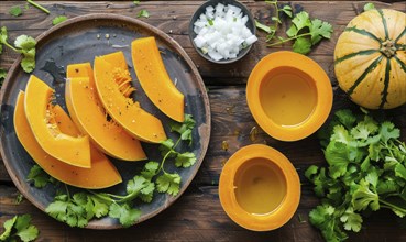 A top-down view of a table with fresh cilantro, pumpkin wedges, minced garlic, and a bowl of herbs