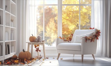 Scandinavian living room with a white armchair, light wooden side table, autumn leaves garland, and