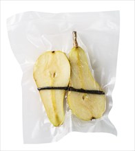 Vacuum sealed fresh pears with vanilla for sous vide cooking cutout on white