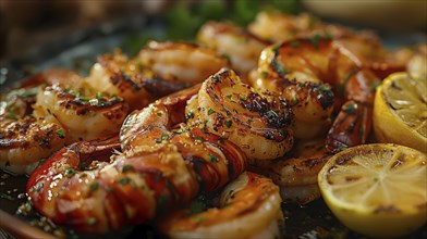 Grilled shrimp and lobster with herbs served alongside lemon slices, AI Generated, AI generated