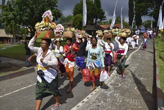 Women carrying offerings for temple on head in Bali, Indonesia, Asia