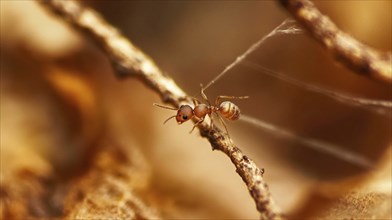 A close-up of an ant on a twig with a delicate web in the background, in autumn colors, AI