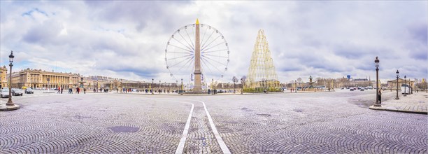 Panoramic view in Paris, France with the Place de la Concorde under a cloudy sky of February