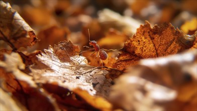 A close-up shot of an ant on fallen autumn leaves, enveloped in a warm, orange-hued forest