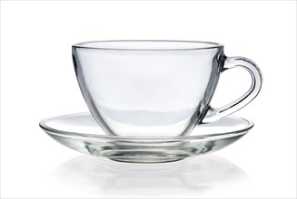 Empty glass cup and saucer isolated on a white background