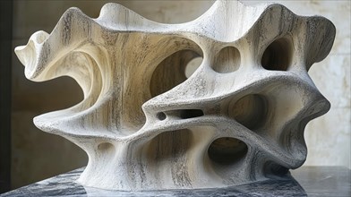 Abstract stone sculpture with organic shapes and hollow parts, featuring a natural beige texture,