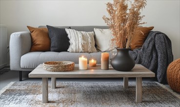 Scandinavian living room with a grey rug, wooden coffee table, autumn-colored cushions, and candles